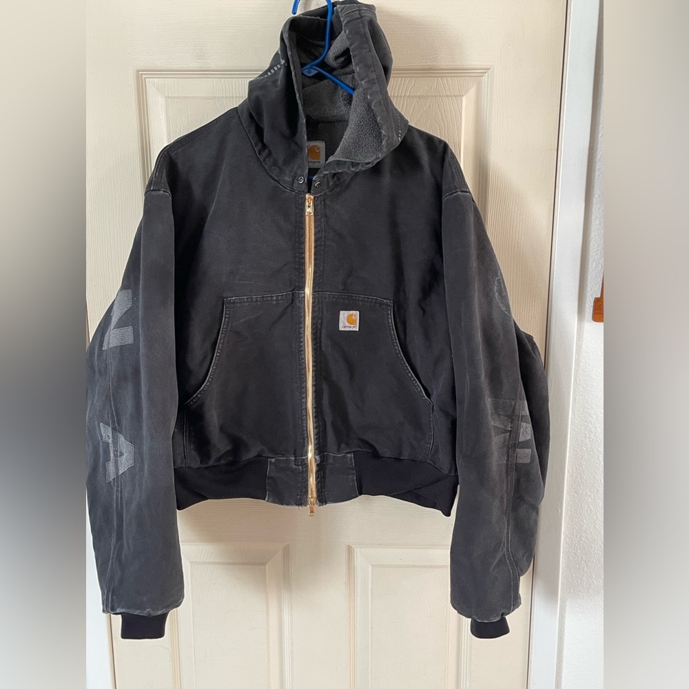 Carhartt Duck canvas fleece lined hoodie faded black distressed jacket men’s xl